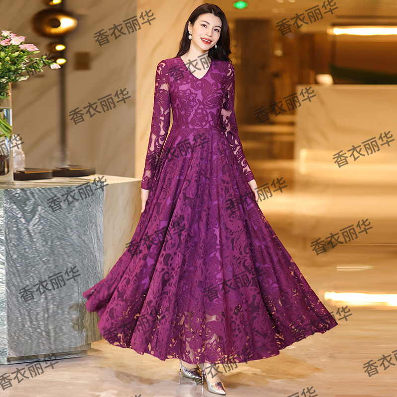 香衣丽华05-玫紫剪花2025春季新刺绣剪花大摆过膝连衣裙修身显瘦