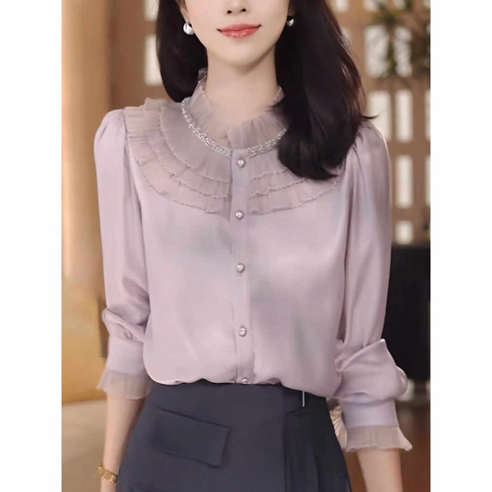 法式粉色衬衫女士2025秋季新款高级感洋气减龄显瘦木耳边立领上衣