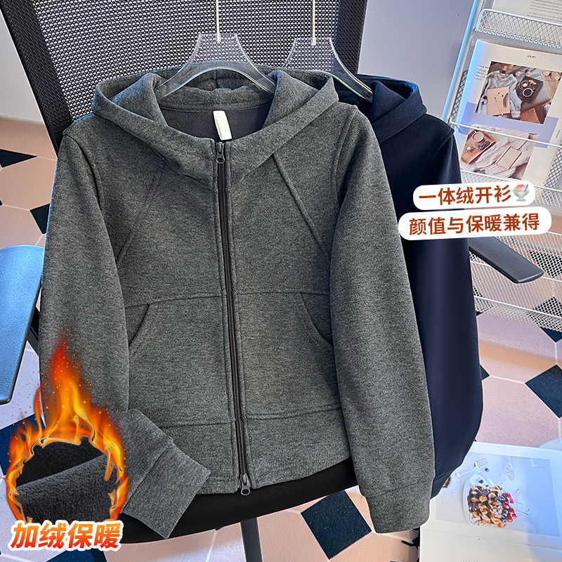 双拉链连帽小个子短外套女2025秋冬新款洋气高端拼接软糯德绒卫衣