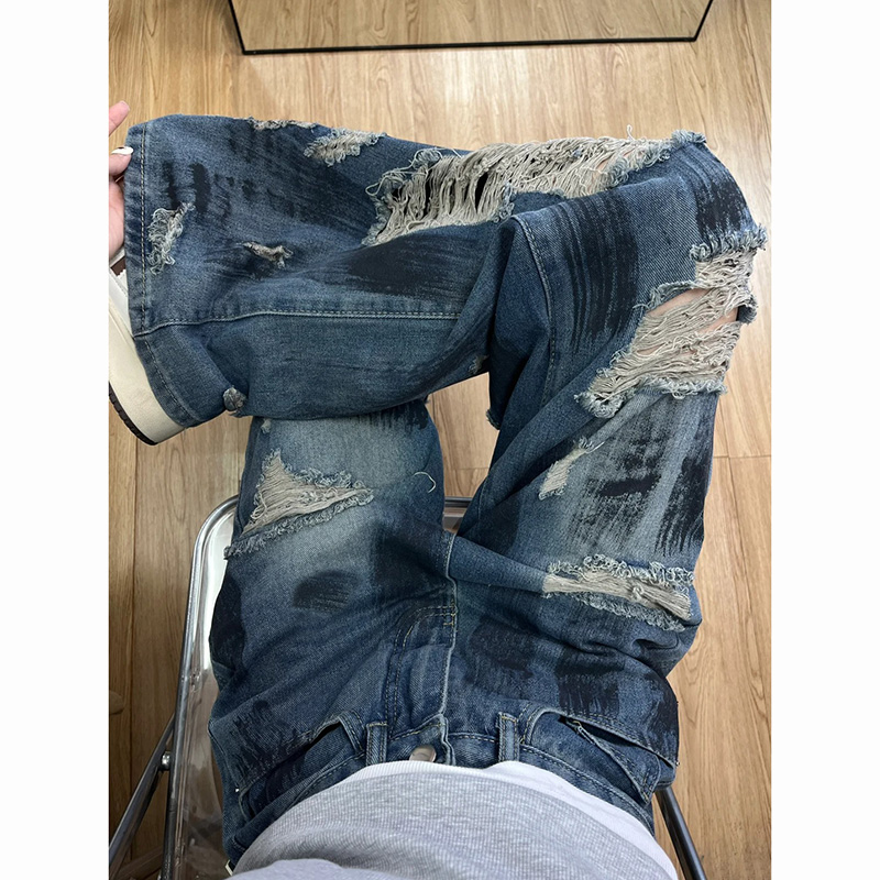 美式高街废土风破洞牛仔裤女2025夏季新款设计感宽松显瘦拖地裤子