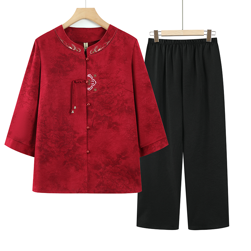 中老年妈妈夏季衬衣奶奶夏装两件套老人衬衣裤子老太太衣服国风款