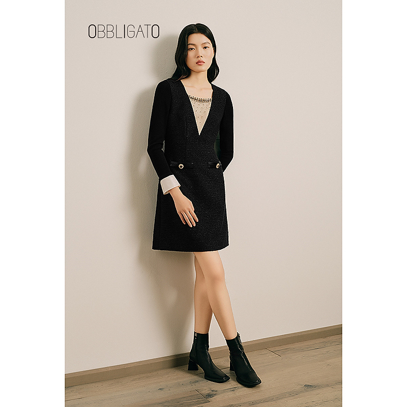 OBBLIGATO奥丽嘉朵1C65105300专选2025春季新品珠钻假两件连衣裙