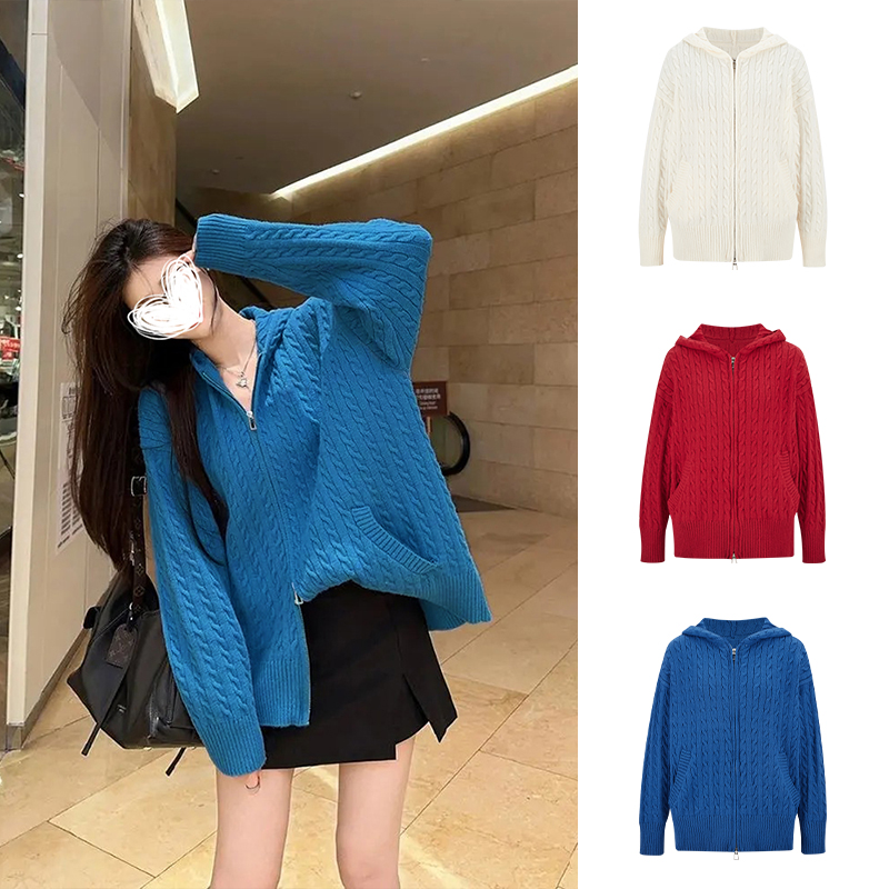 Moses Queen/魔西女王蓝色连帽麻花针织毛衣外套女慵懒双拉链开衫