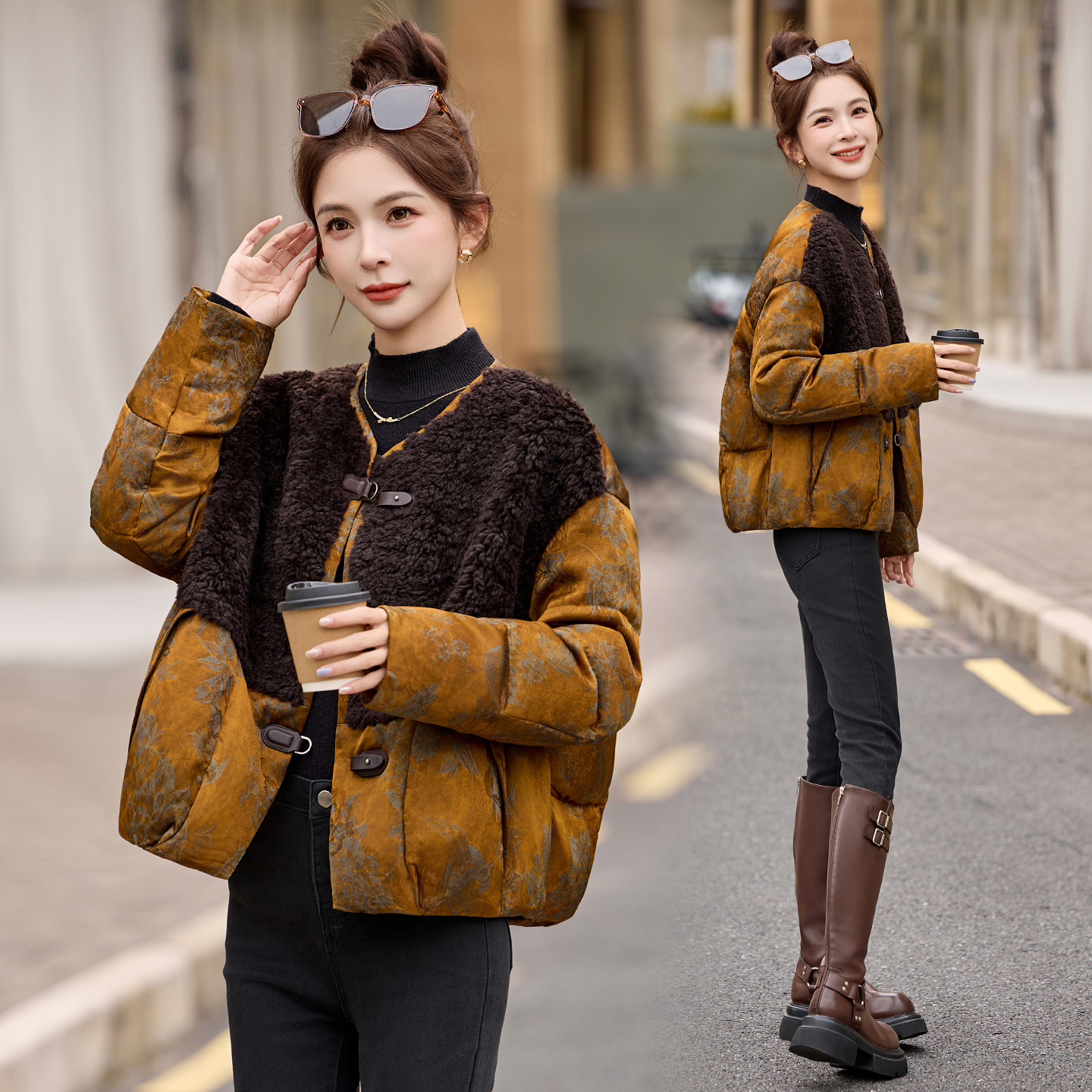 新中式国风羽绒服女2025冬季新款高级感短款羊羔毛拼接保暖厚外套