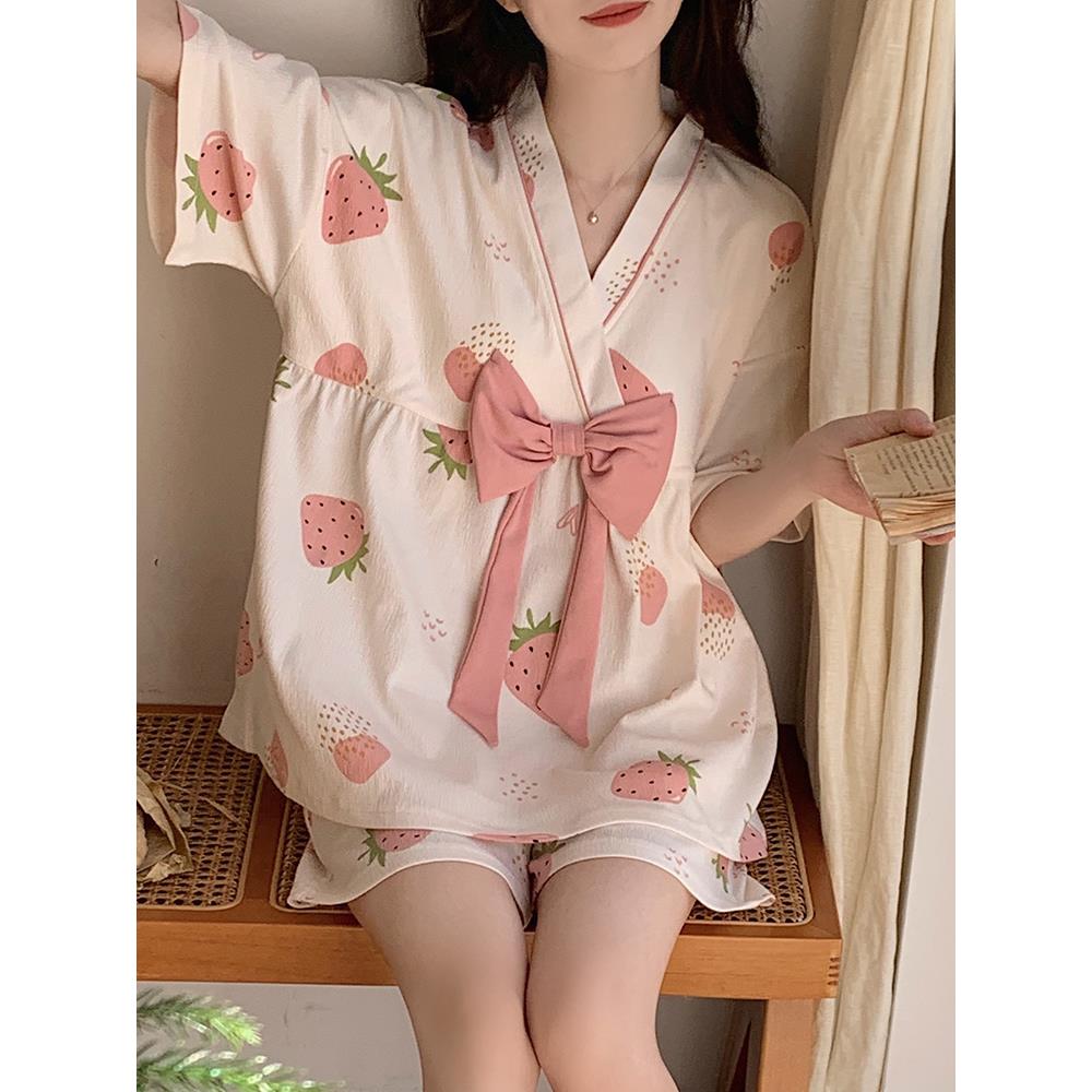 范哲萨晚眠带胸垫睡衣女款夏季棉短袖2025新款汗蒸服洋气和服日系