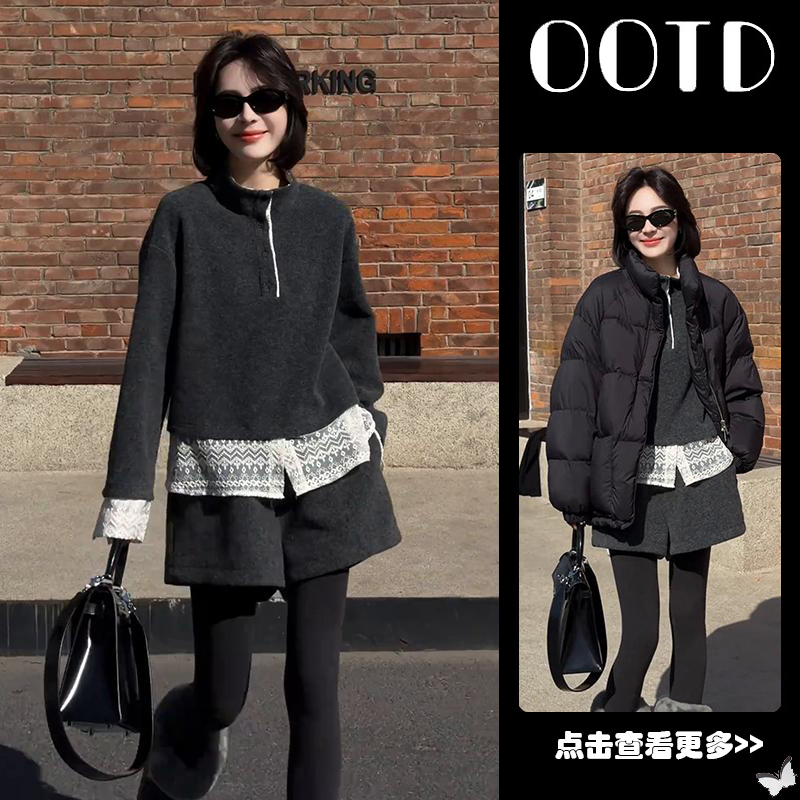 秋冬流行穿搭一整套女2025新款棉服外套拼接蕾丝卫衣短裤三件套