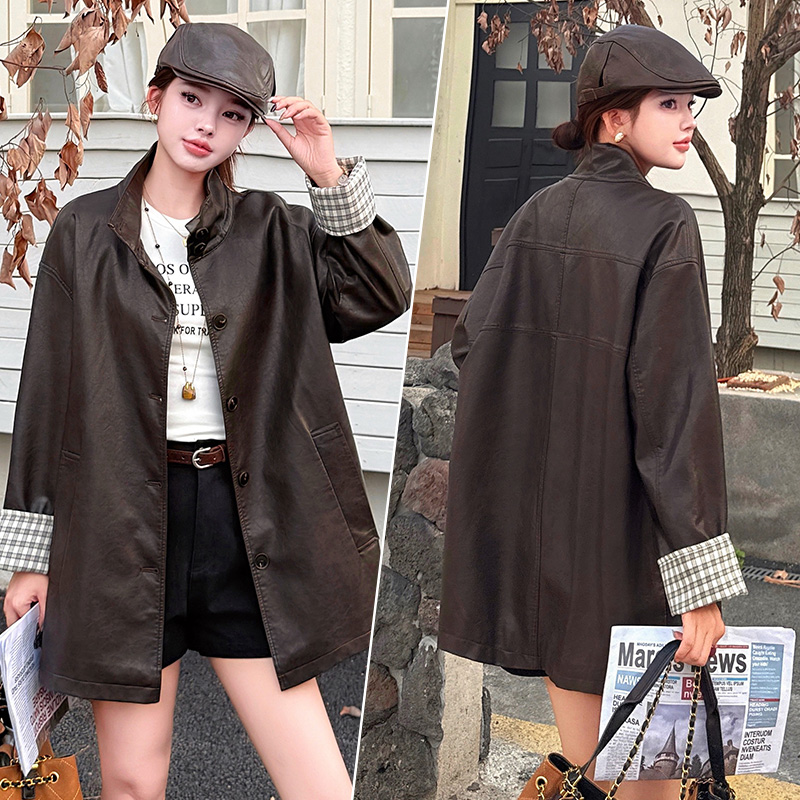外套女秋季外套轻职风秋季拉链外套拼接休闲复古港风百搭皮衣大码