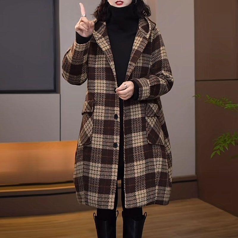 时尚休闲呢子大衣秋冬季新款大码宽松显瘦风衣中长款格子毛呢外套