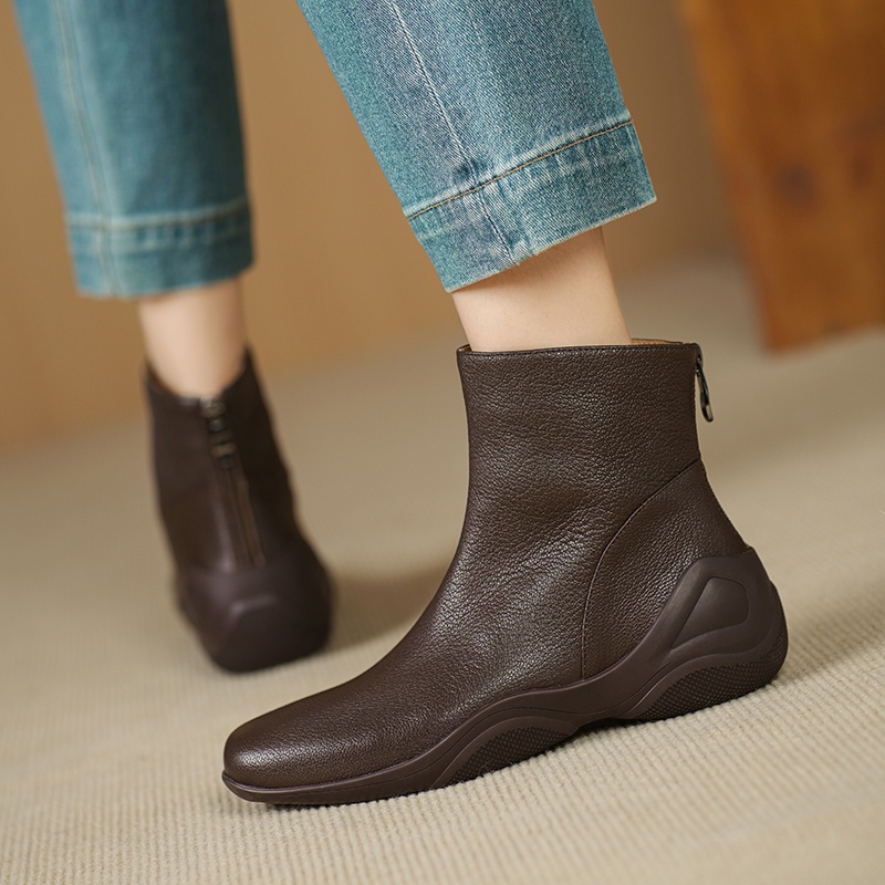 高端手工真皮~超软头层羊皮不累脚女靴2025秋冬新款休闲厚底短靴