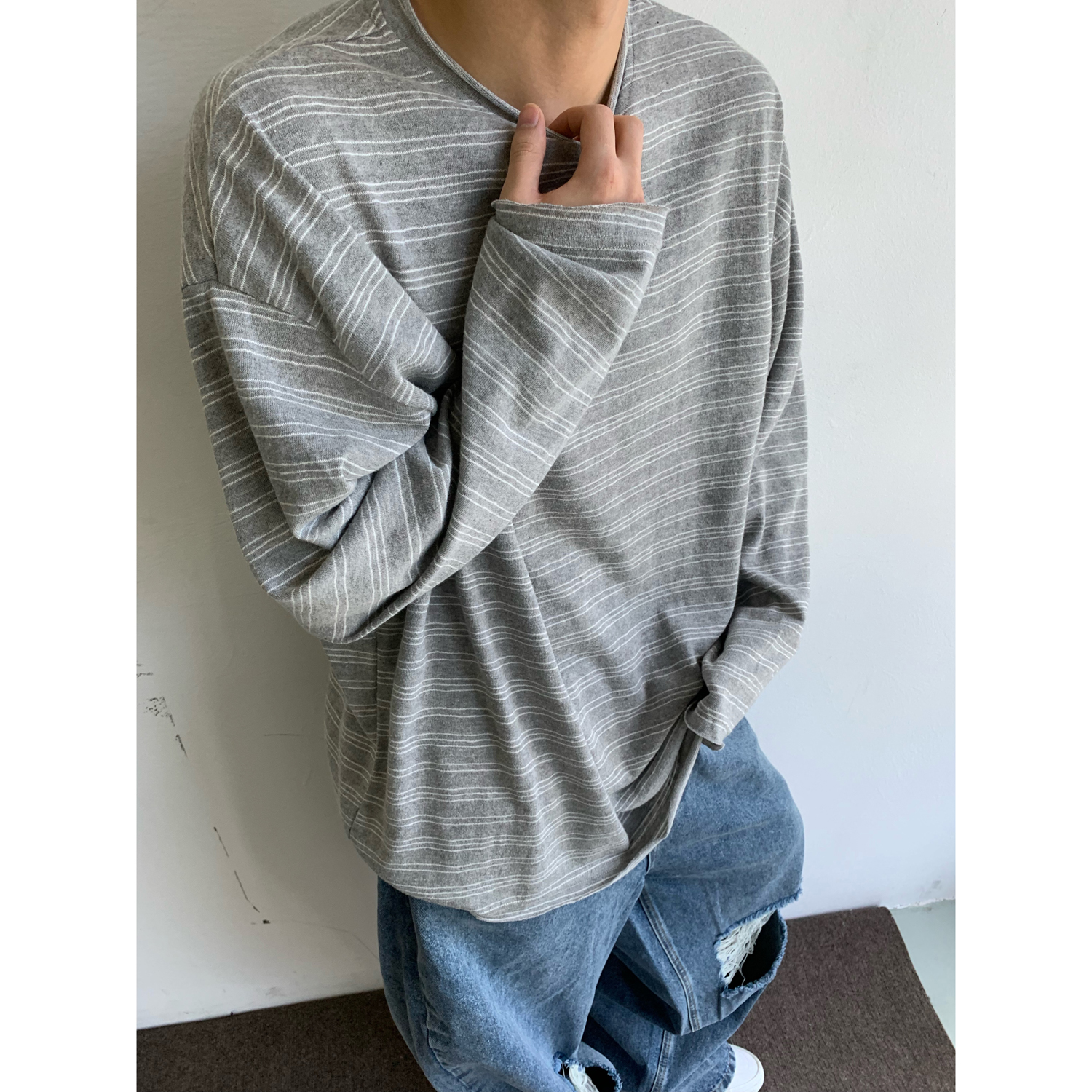 dannyandzee秋季复古毛边圆领宽松慵懒百搭针织条纹长袖T恤ins797