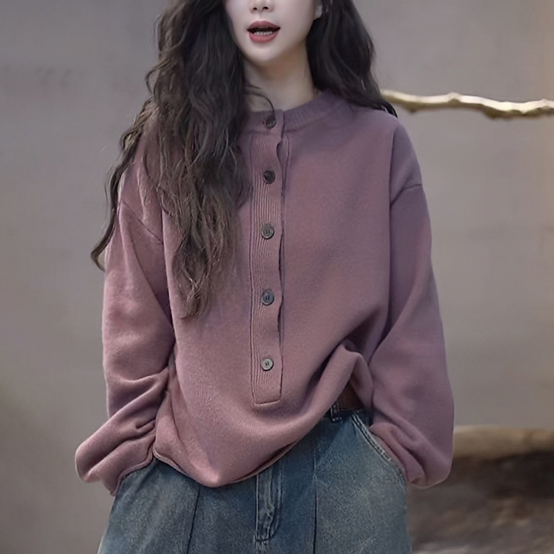 2025秋冬新款女紫色套头毛衣软糯慵懒风宽松减龄显瘦针织衫上衣