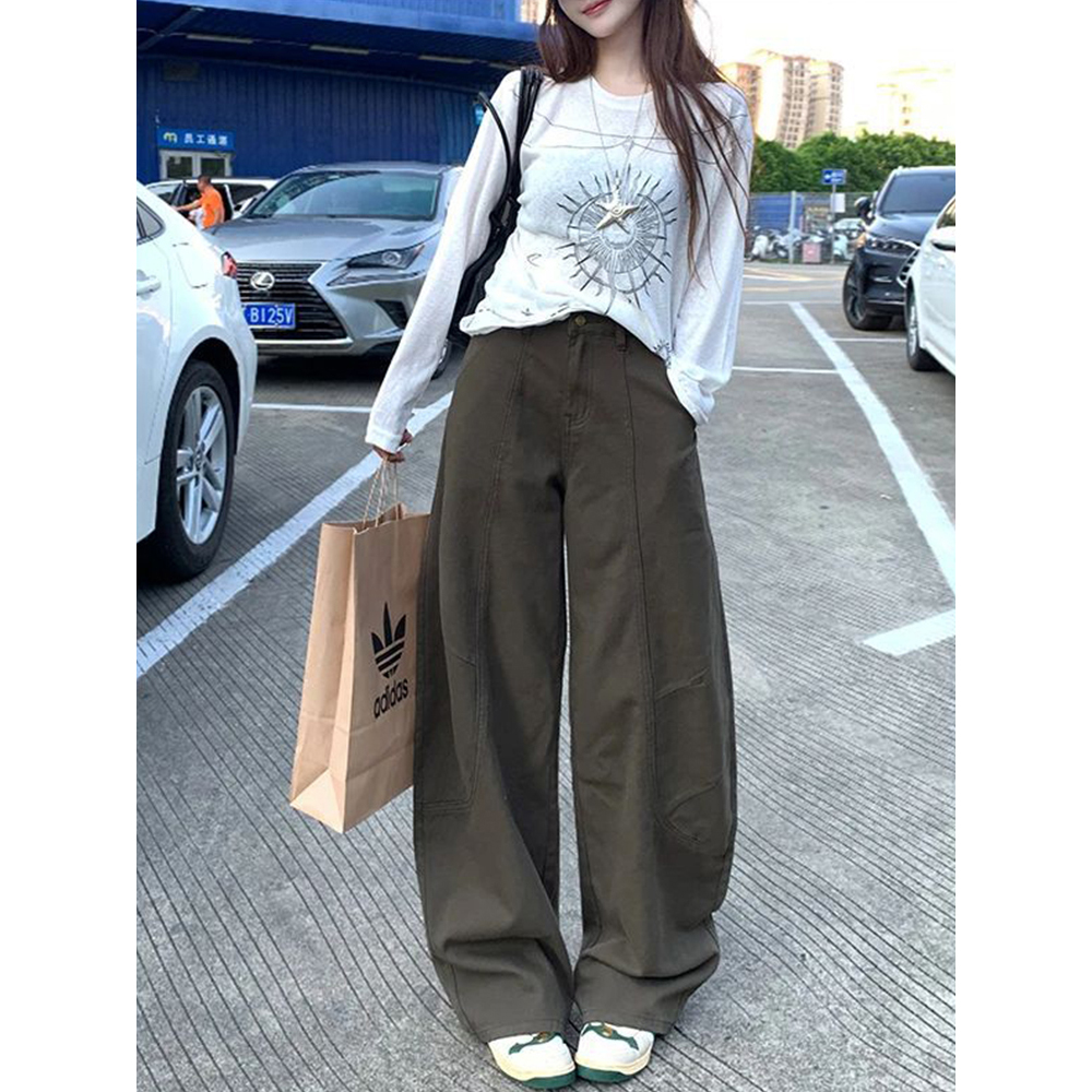 美式复古弯刀阔腿裤女2025年早秋新款高腰宽松显瘦休闲拖地长裤子