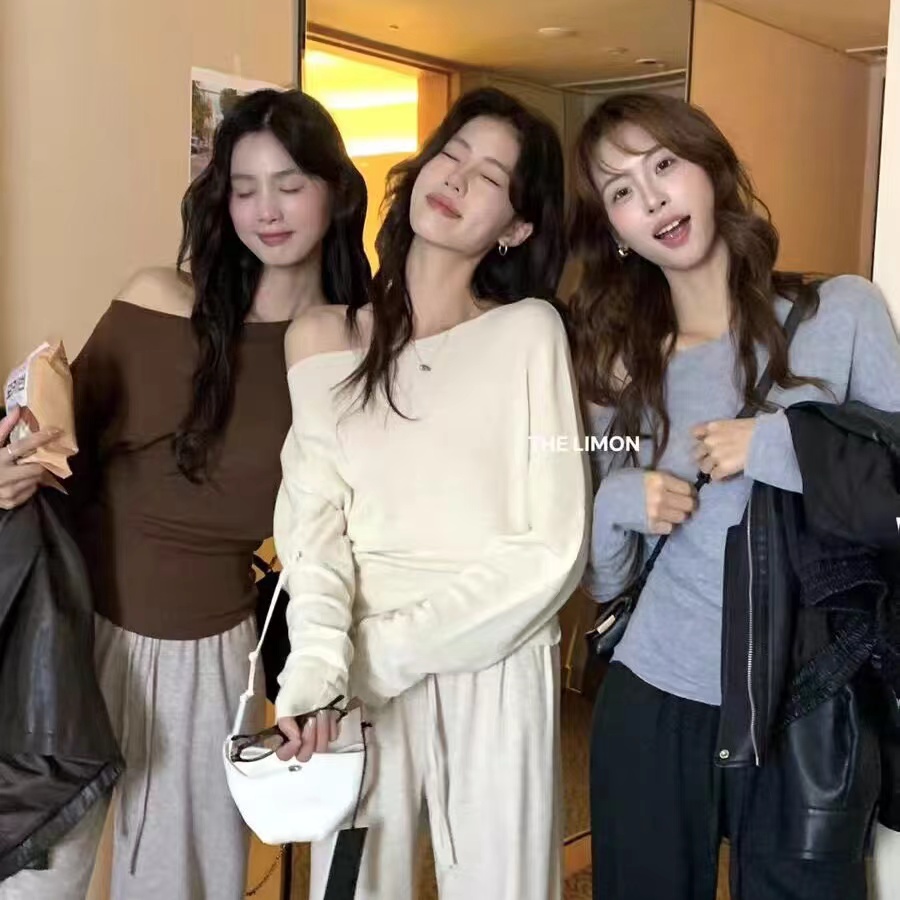 柠檬绿茶慵懒斜肩针织衫女2025早秋新款设计感显瘦上衣长袖网红