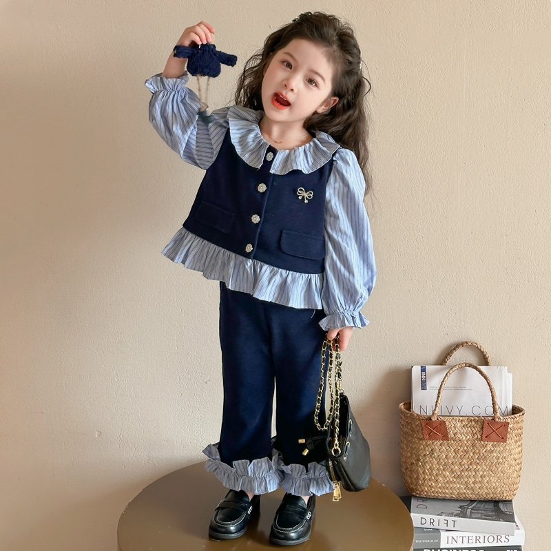 女童学院风套装春秋装2025新款洋气儿童童装宝宝花边喇叭裤两件套