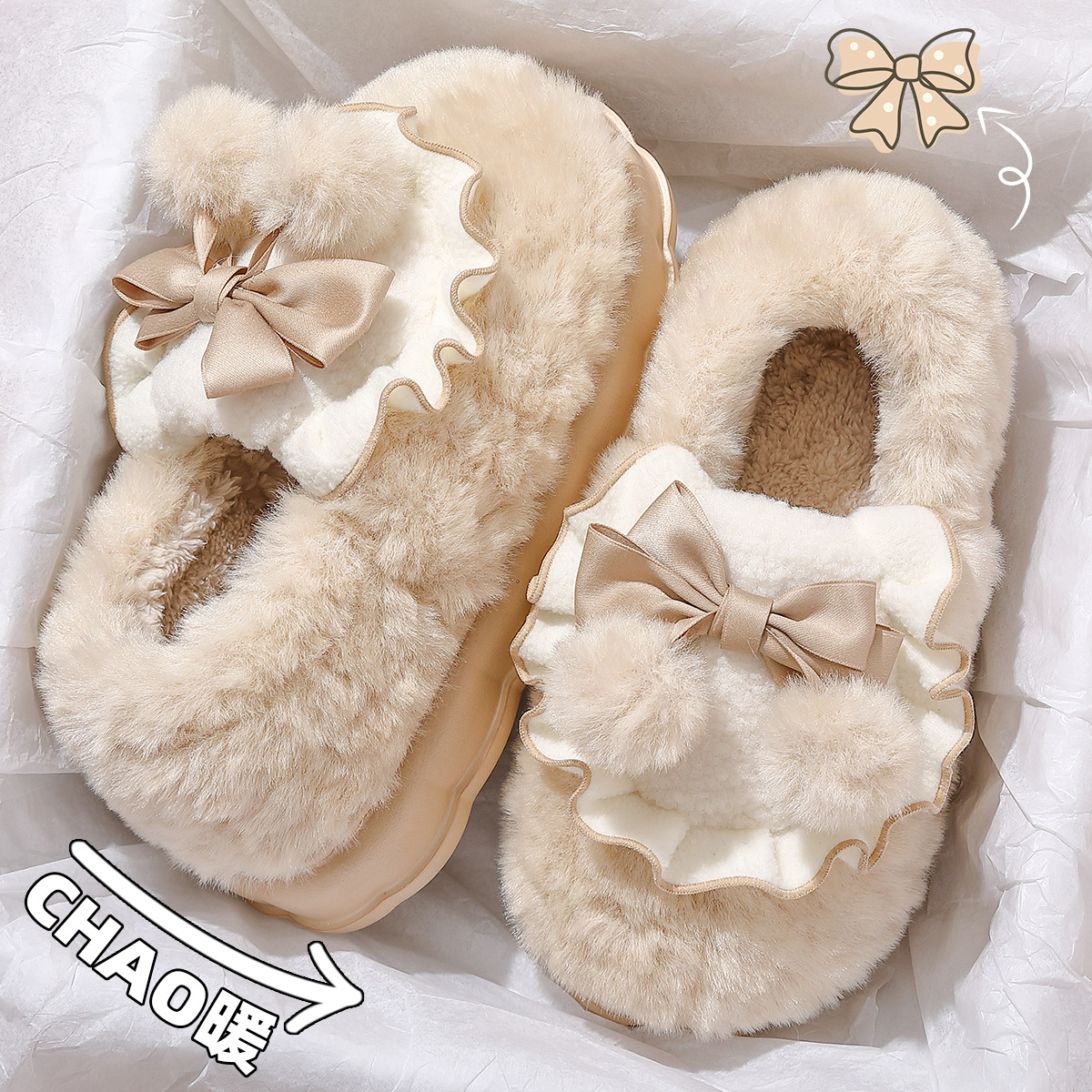 FZT蝴蝶结包跟月子鞋女士冬季新款室内家居防滑保暖毛绒棉拖鞋女