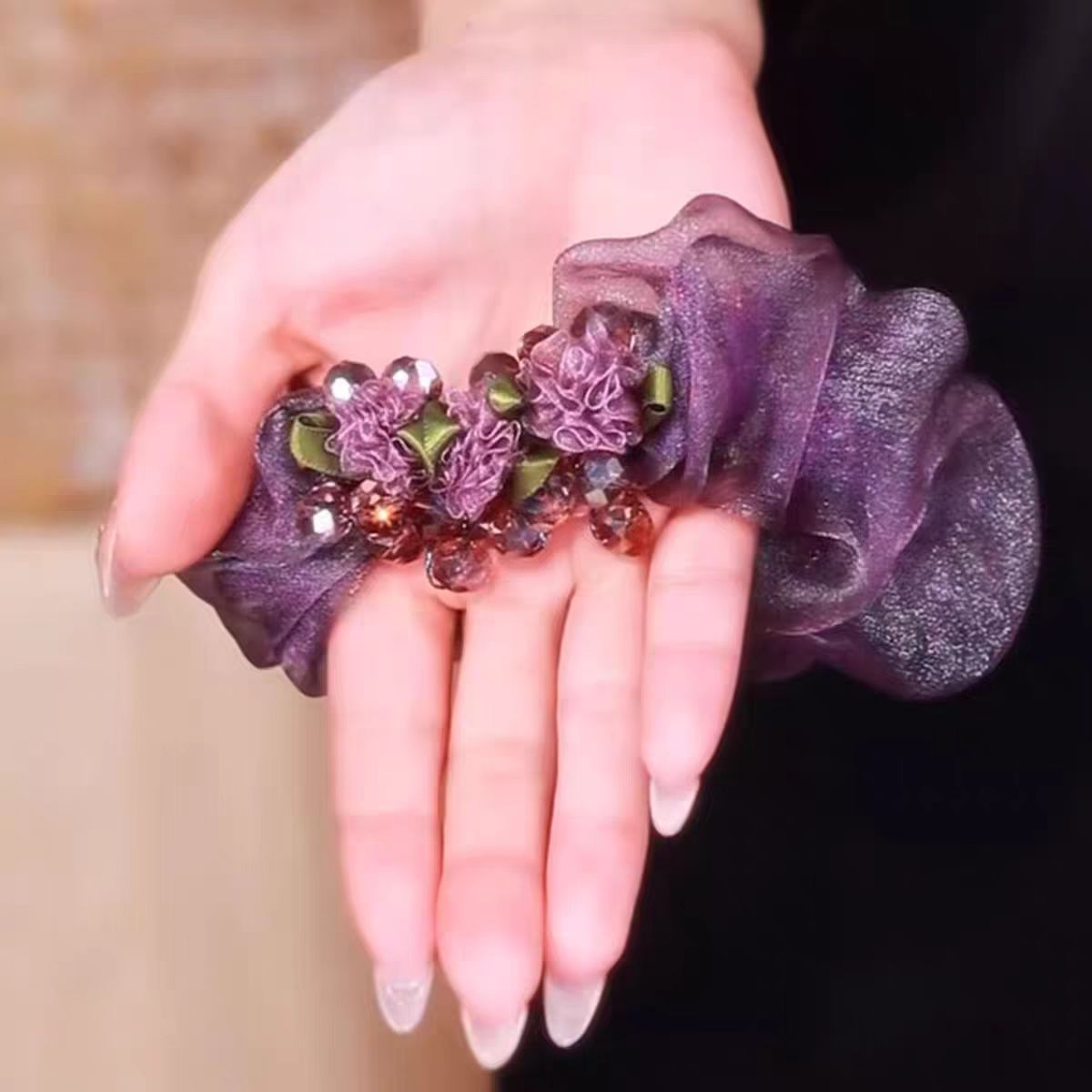 秋季新款“紫藤花”高级感欧根纱花朵发圈女气质百搭显发量扎头发