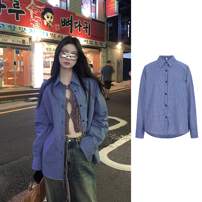 Moses Queen/魔西女王美式复古蓝色格纹长袖衬衫外套慵懒衬衣开衫