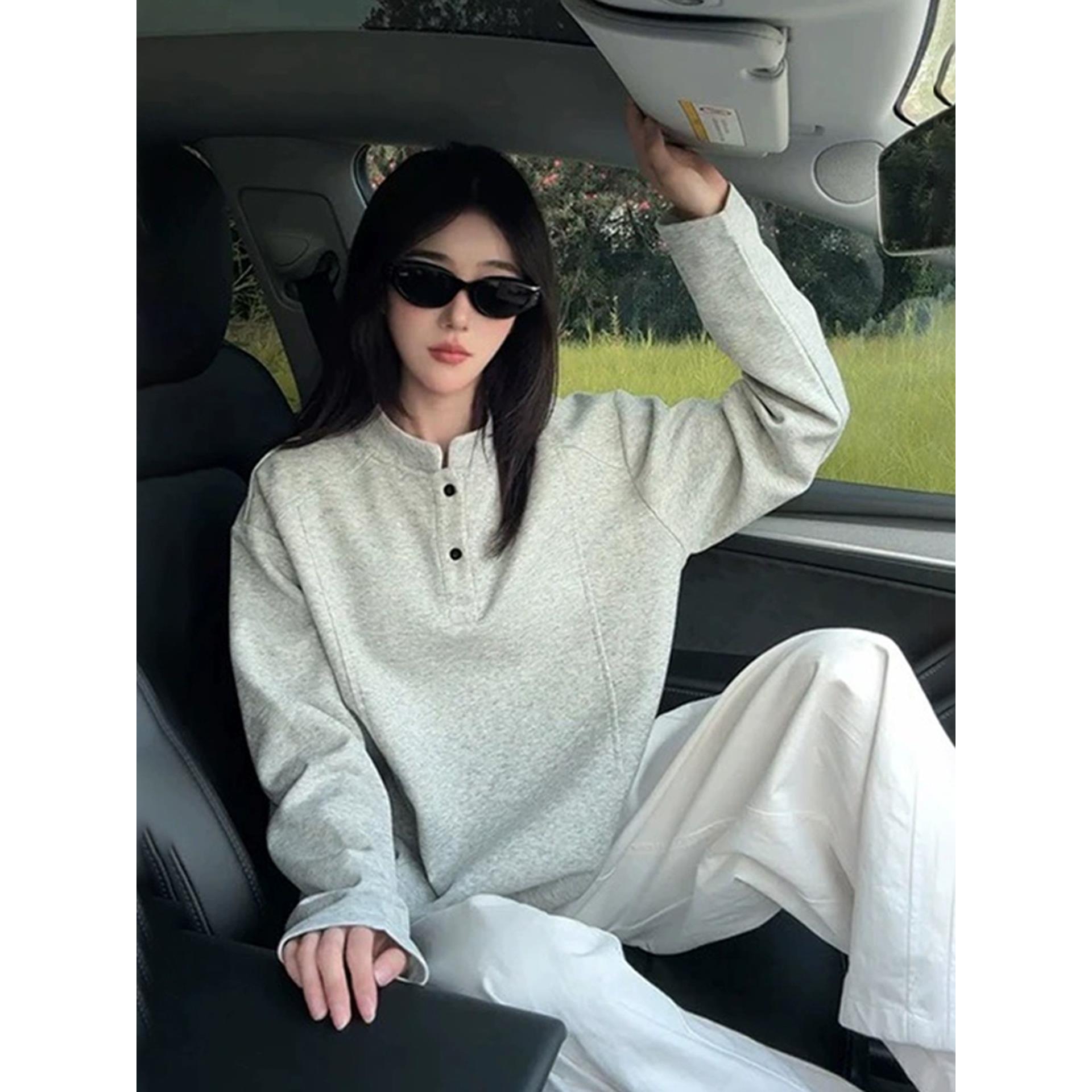灰色美式亨利领长袖t恤男款秋季解构拼接正肩立领卫衣内搭打底衫