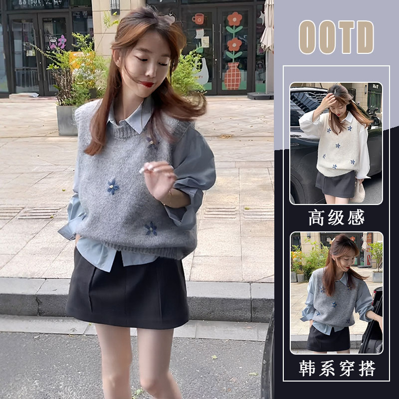 巨好看的三件套早秋韩系百搭休闲衬衫针织马甲a字半身裙网红套装