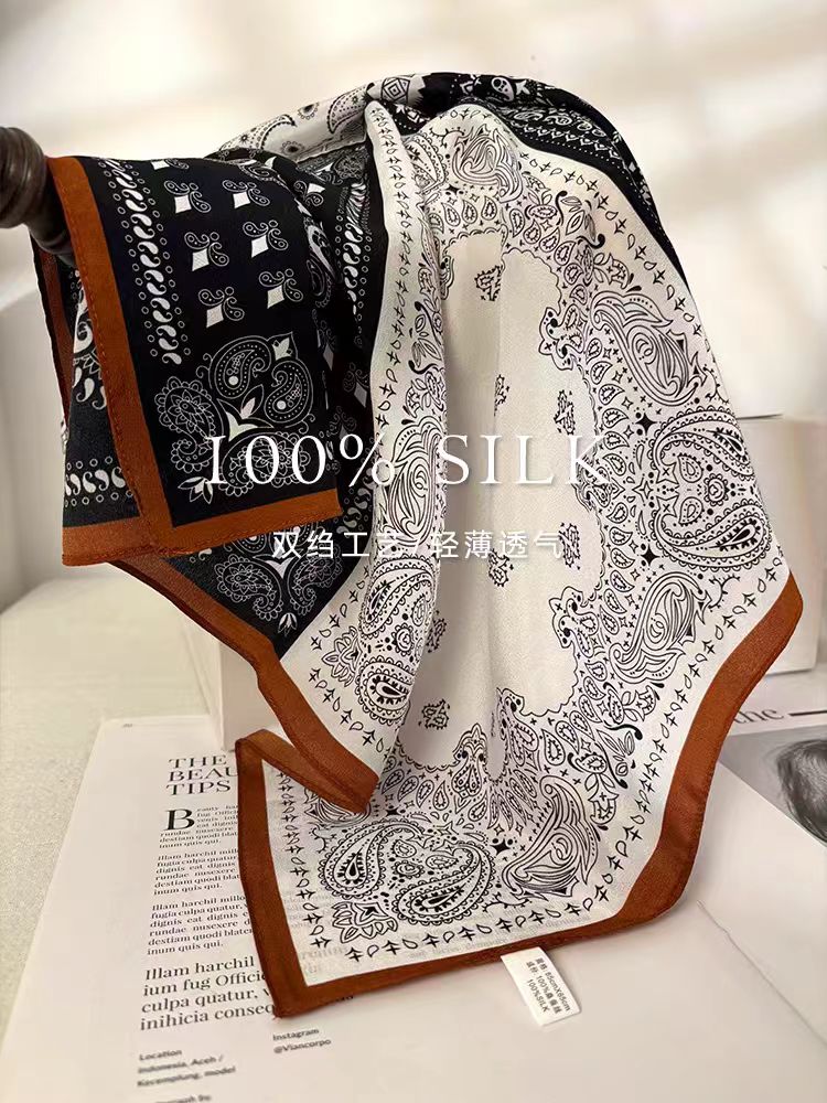 【腰果图腾】宫丽65x65cm双绉6A纯100桑蚕丝方巾轻薄百搭时尚女士