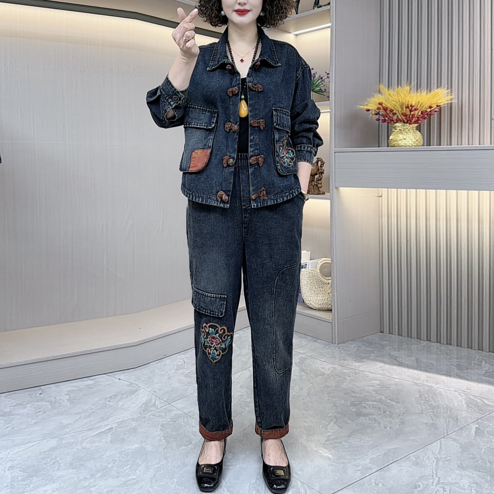 秋新款水洗牛仔宽松遮肉显瘦两件套秋款麦穗-5502