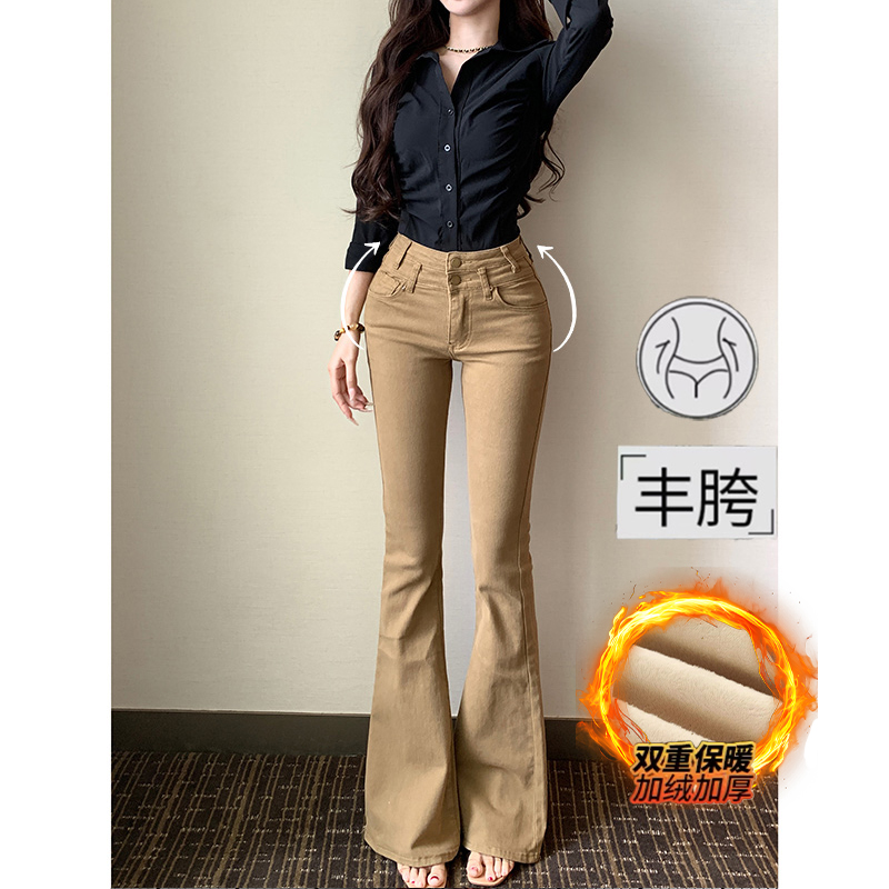 加绒老钱风丰胯提臀微喇牛仔裤女2025冬季新款高腰双扣喇叭长裤