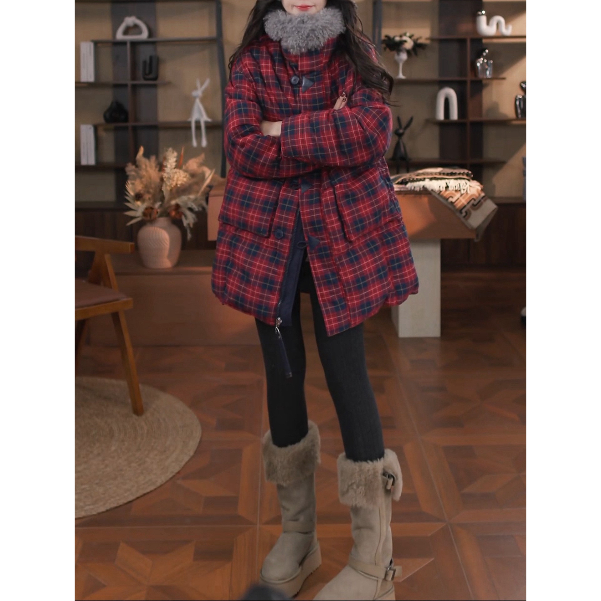 『现货』冬季新款时尚潮流设计款格子毛毛领20253428