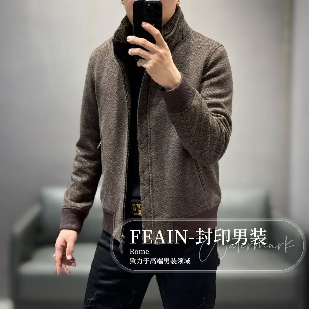 【羊羔毛领】高端定制真羊羔毛领可拆卸羊毛混纺老钱风夹克25595