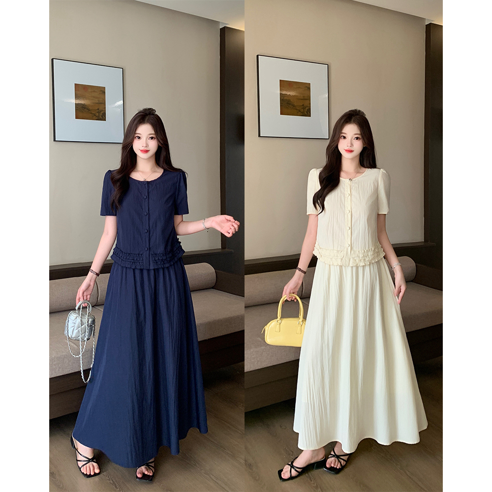 2025夏季新款胖mm显瘦大码气质两件套木耳边上衣半身裙套装80288