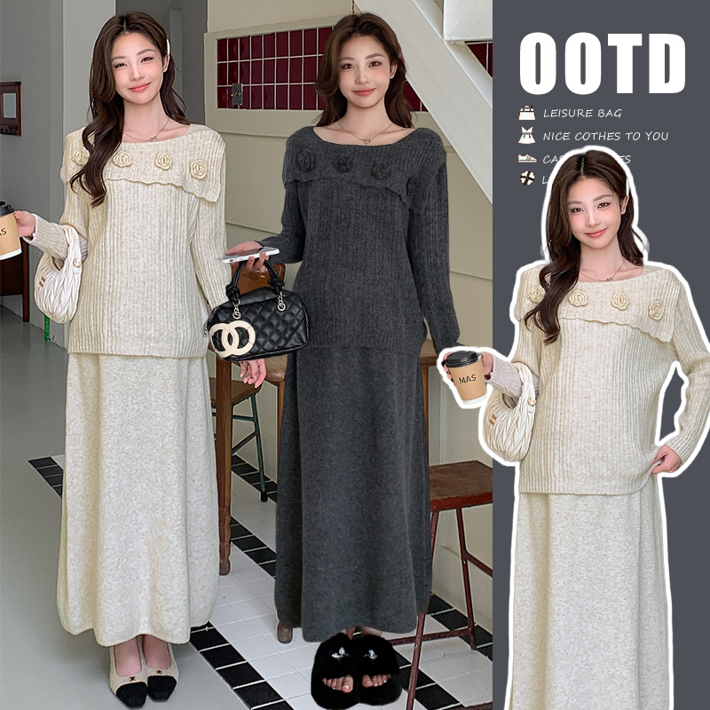 2025年秋冬慵懒风立体花朵毛衣孕妇套装针织长袖时尚中长款加厚