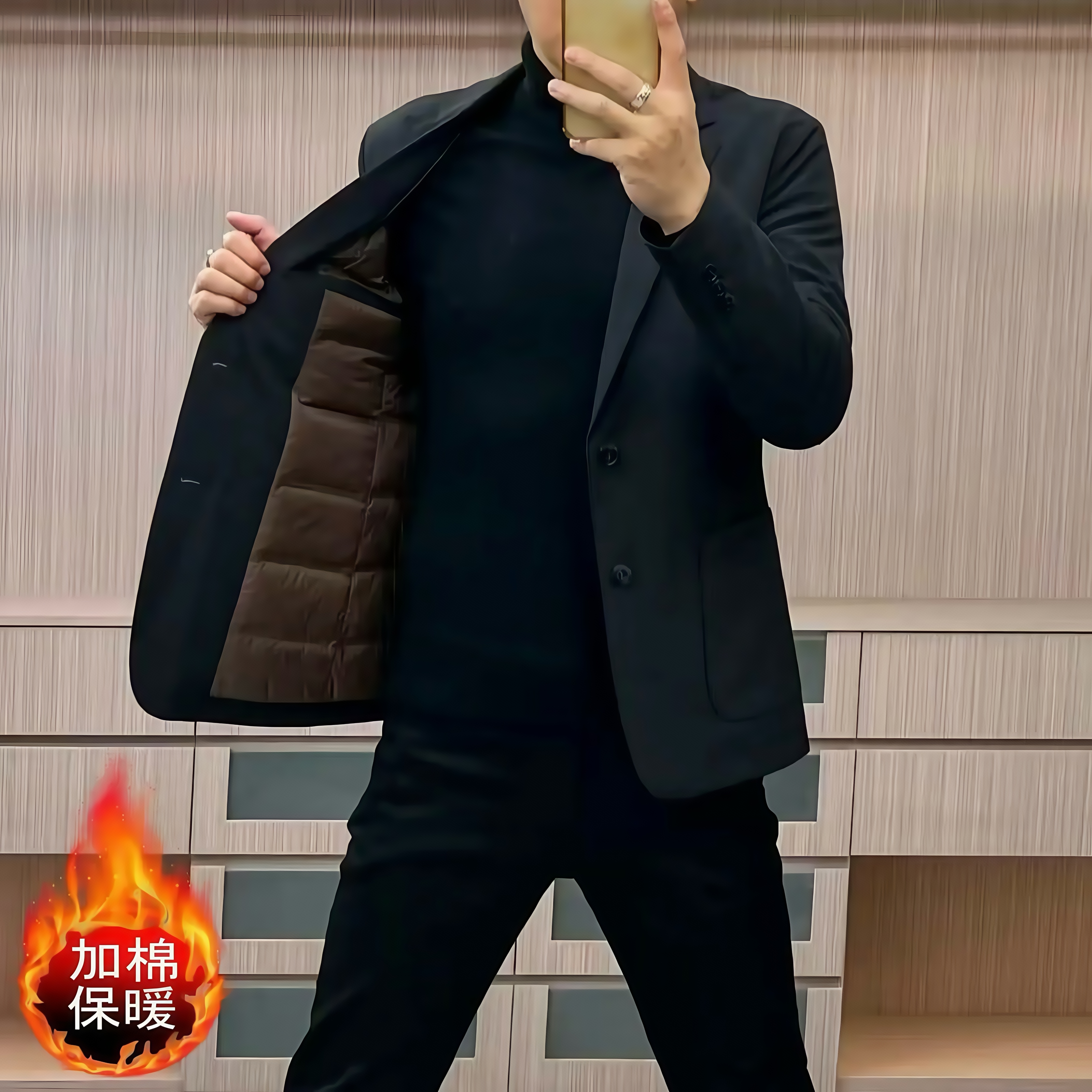 2025冬季新款男士休闲棉西服加棉款保暖加厚纯色净版黑色轻奢外套