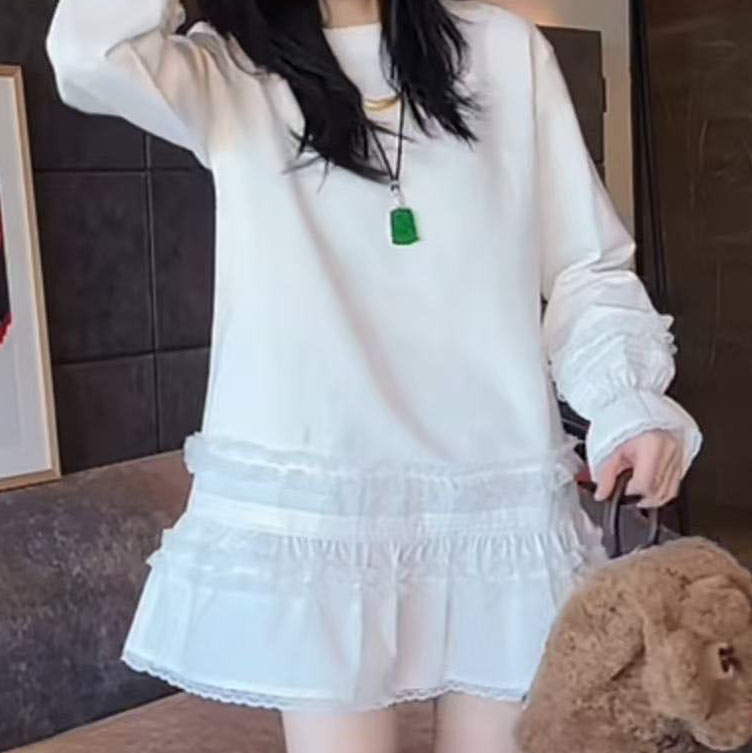 欧货复古法式木耳边蕾丝拼接长袖T恤纯色宽松显瘦中长款打底上衣