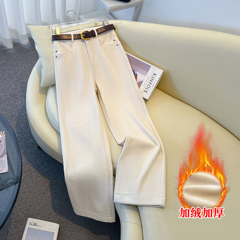 米白色牛仔宽松阔腿裤加绒加厚女冬2025爆款爆款小个子窄版直筒裤