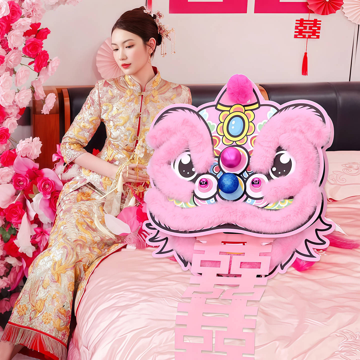 新奇结婚新娘晨礼服拍照用创意醒狮道具传统狮子头套装用于婚房布