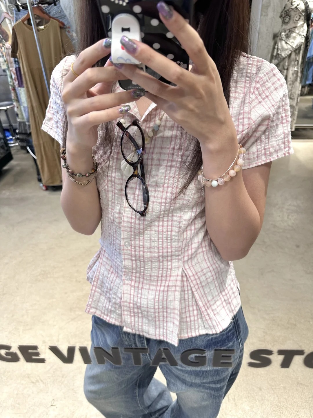 美式基础~夏季百搭粉红色格子收腰短款衬衫修身休闲短袖上衣女