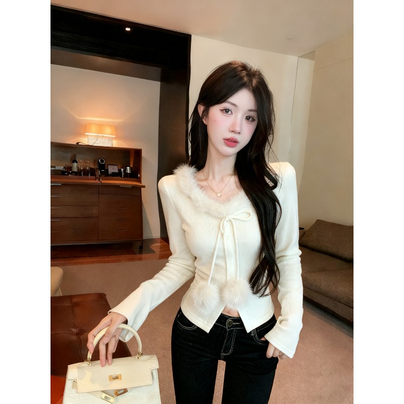 毛毛领针织衫女秋冬纯欲掐腰上衣打底衫内搭毛衣巨好看的独特绝美