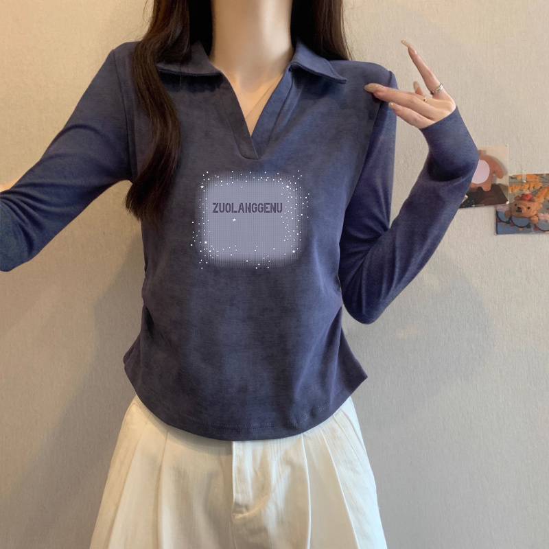 新款秋季POLO领长袖t恤女修身显瘦纯棉美式扎染打底衫翻领上衣春