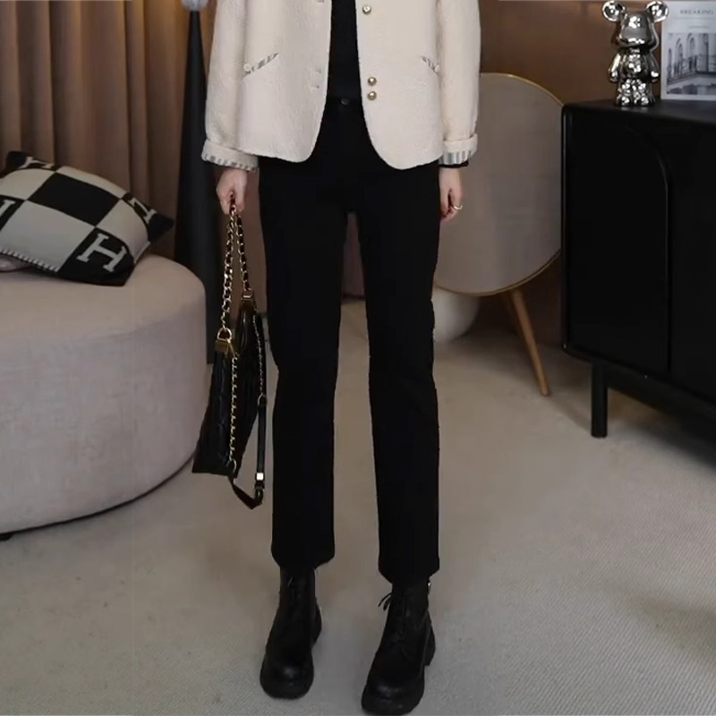 黑色高腰烟管裤女2025新款春秋冬加绒女士直筒牛仔七八九分小个子