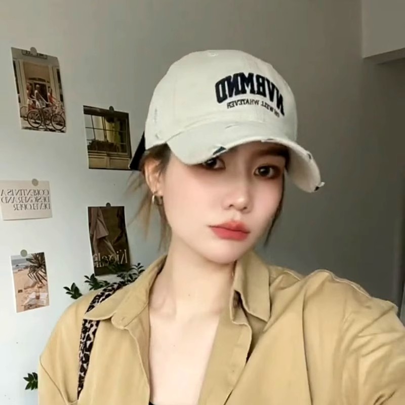 NV字母水洗棉破洞棒球帽女韩版春夏季显脸小软顶弯檐帽子男街头潮