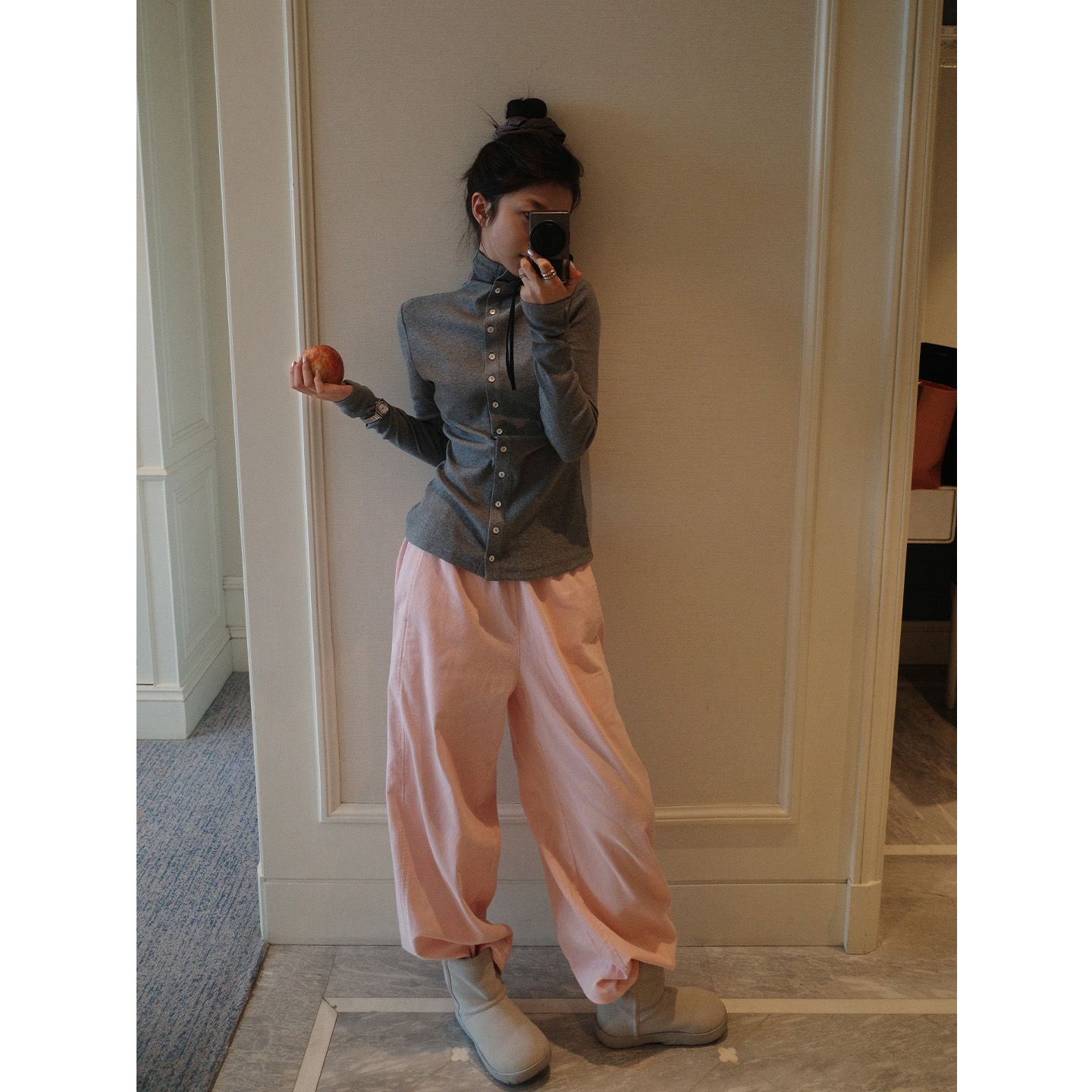 Multi Math马卡龙/秋冬粉色纯棉气球裤灯芯绒九分直筒阔腿休闲裤