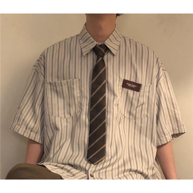 夏季日系复古短袖条纹衬衫男女设计感小众休闲宽松港味半袖衬衣潮