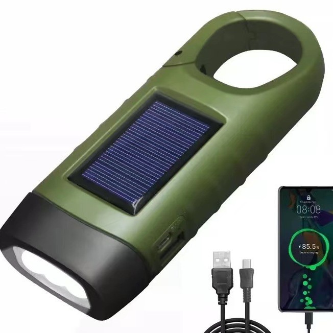应急强光手摇式自发电手动太阳能充电宝照明灯多功能手电筒