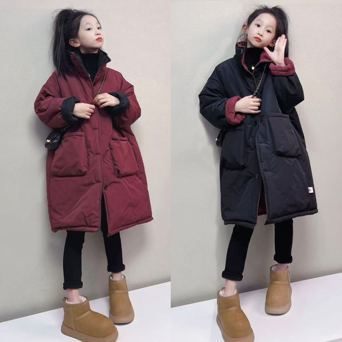 女童棉衣2025冬季新款韩版大童两面穿棉服儿童洋气中长款加厚棉袄