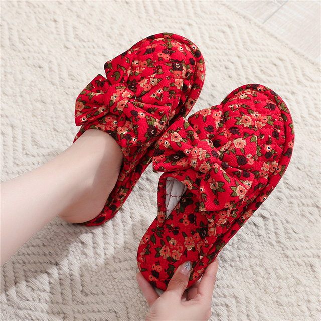 可爱蝴蝶结棉拖鞋女秋冬季2025新款室内家居布底静音包脚棉布拖鞋