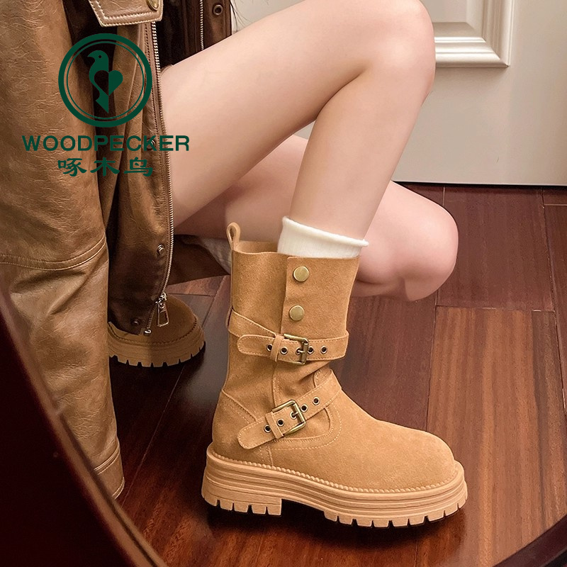 啄木鸟厚底马丁靴女2025新款秋季复古英伦风百搭小个子瘦瘦靴短靴