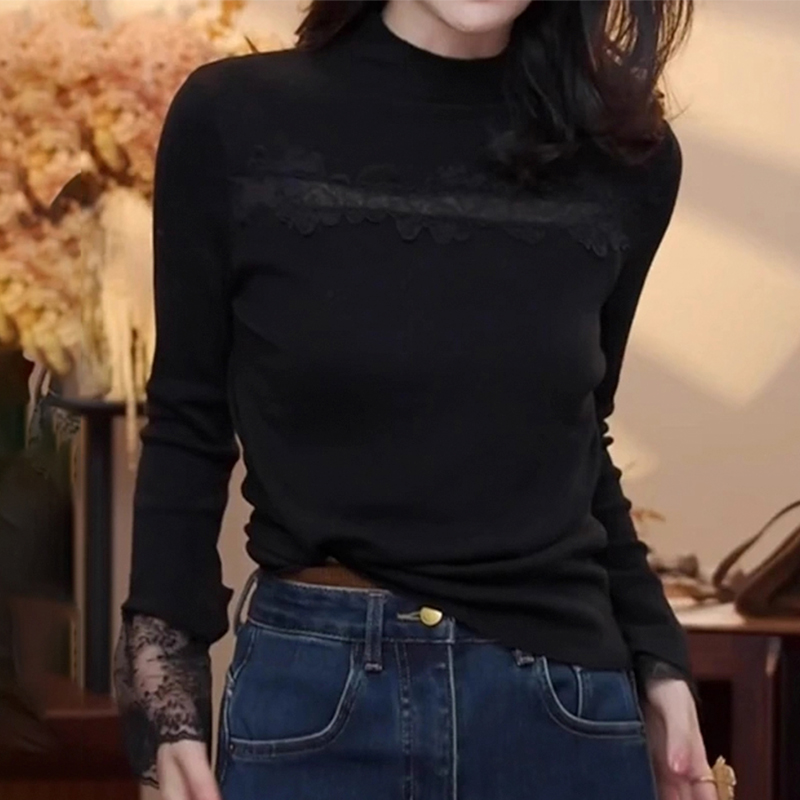 韩系今年流行纯色百搭拼接蕾丝T恤女2025秋季新款休闲打底衫上衣