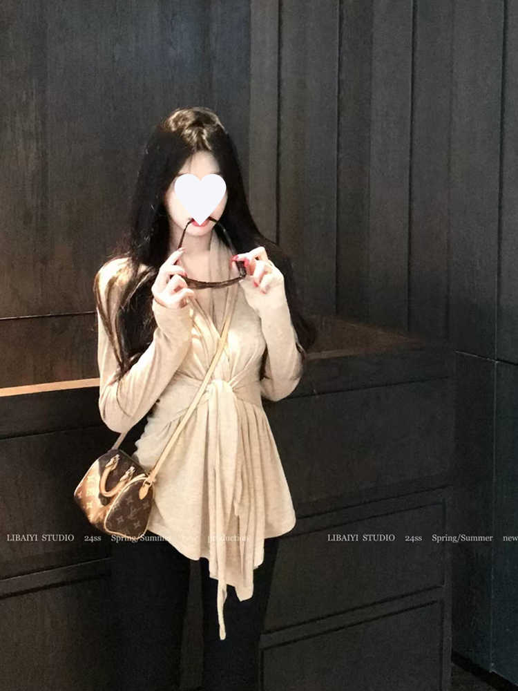秋新款高级慵懒风气质V领绑带小众设计修身百搭长袖上衣3387#