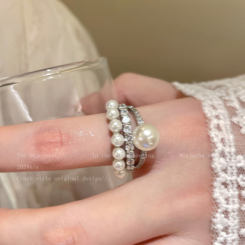 铜合金戒指 双层珍珠锆石戒指女小众设计叠戴食指戒秋冬轻奢指环