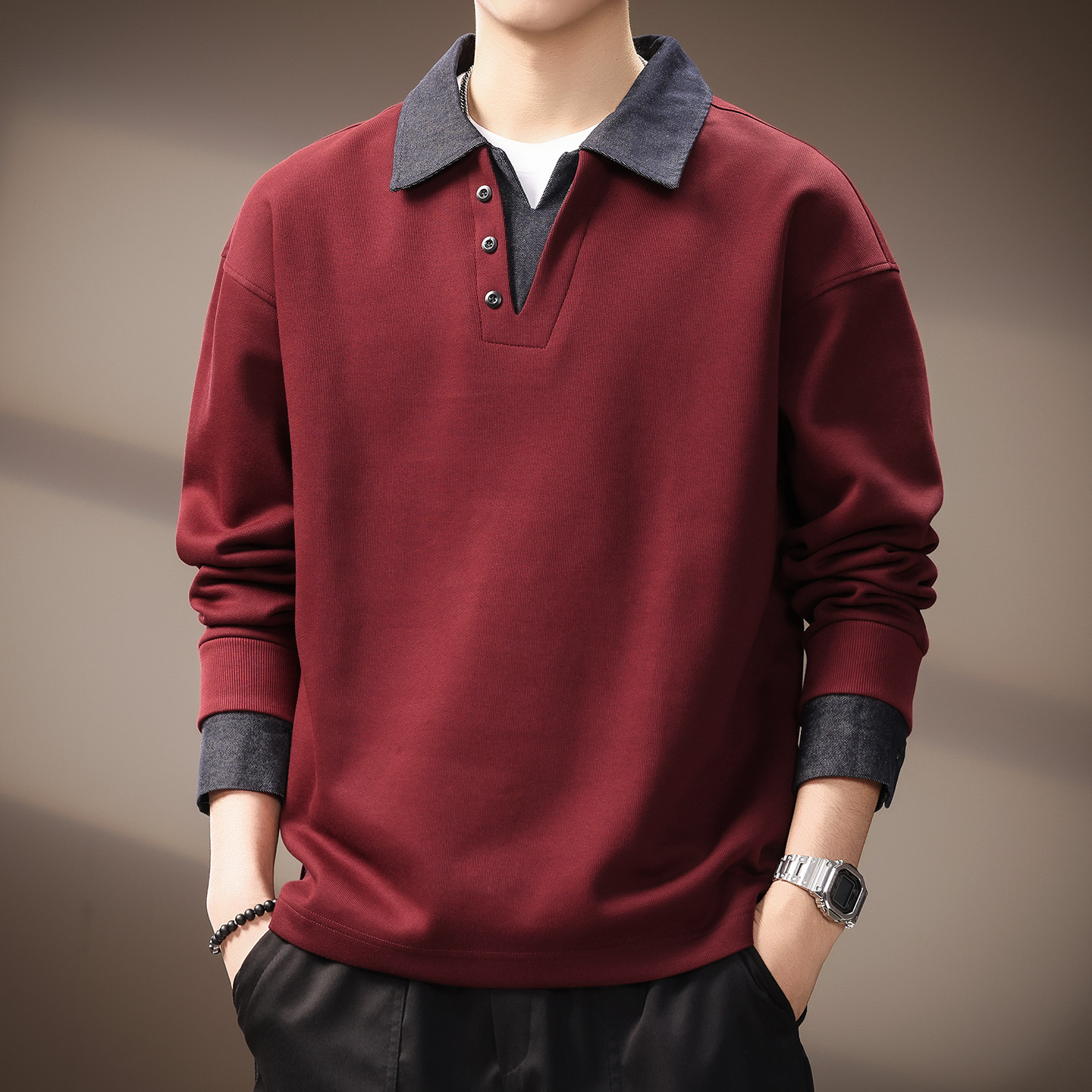 高端假两件撞色拼接重磅牛仔Polo衫男秋季美式复古宽松翻领卫衣男