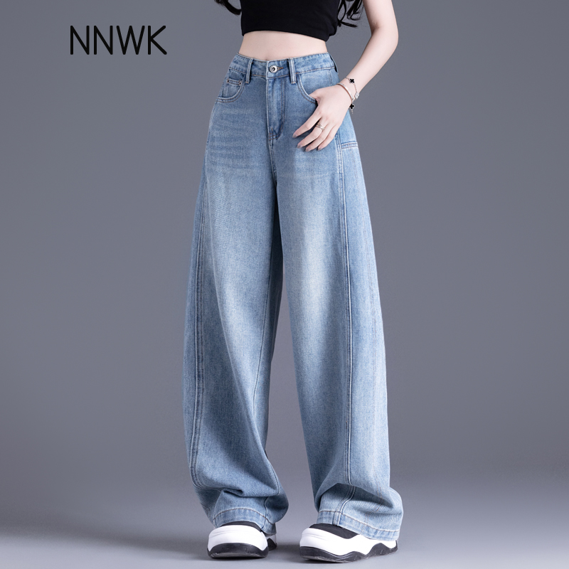 浅蓝色加绒牛仔裤女2025新款秋冬加厚阔腿裤高腰长裤宽松直筒裤子